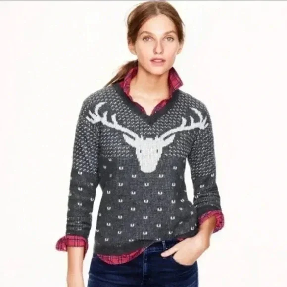 J. Crew Intarsia Reindeer Wool V-neck Sweater size M - Picture 1 of 12